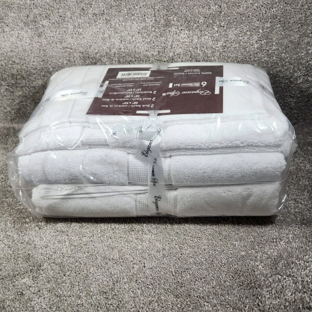 Elegance Spa 6 Pc Towel Set White 100% Cotton Soft Absorbent Bathroom
